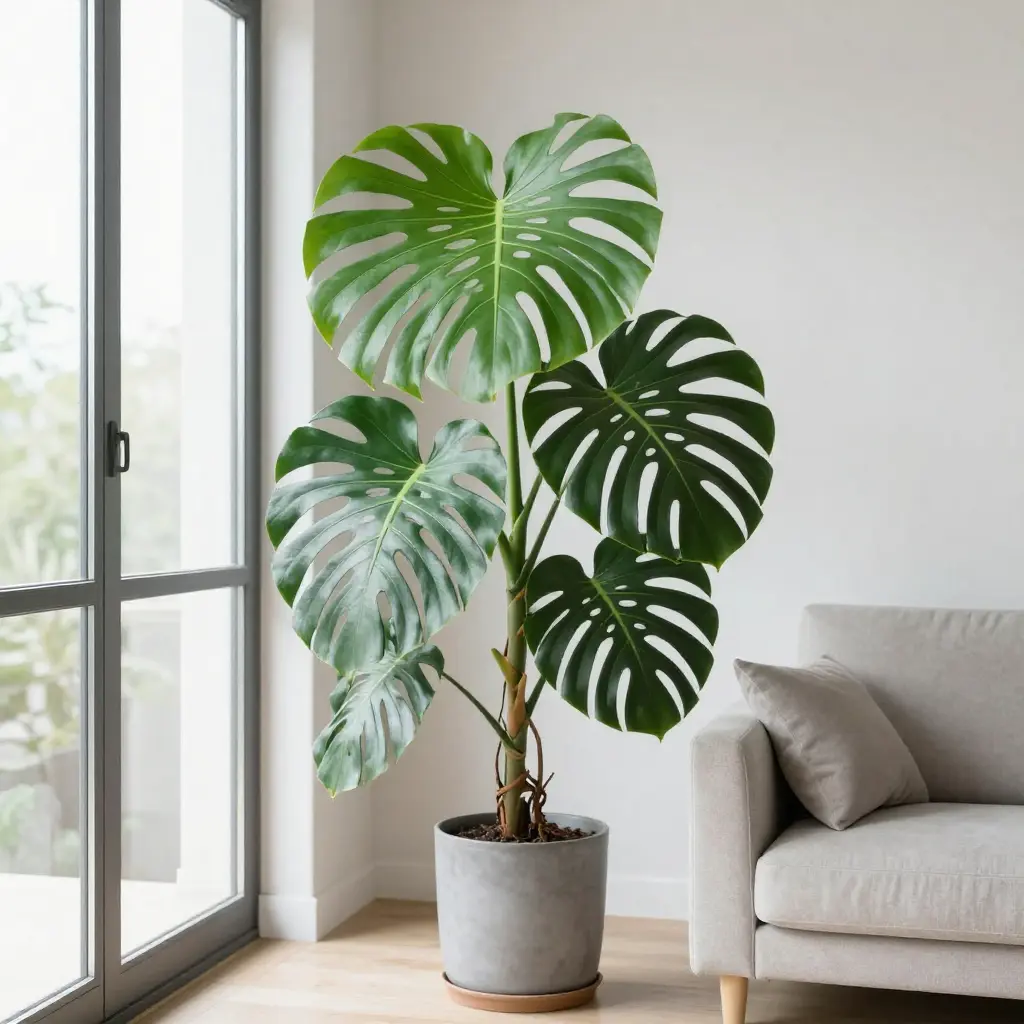 Healthy monstera plant with lush green leaves in a modern living room